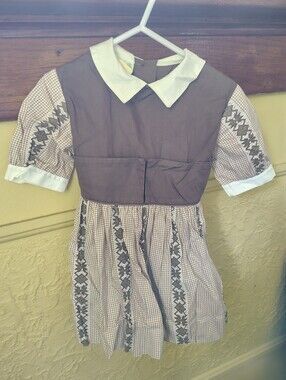 Vintage Kate Greenaway 100% Cotton Brown Peter Pan Collar Girls Dress